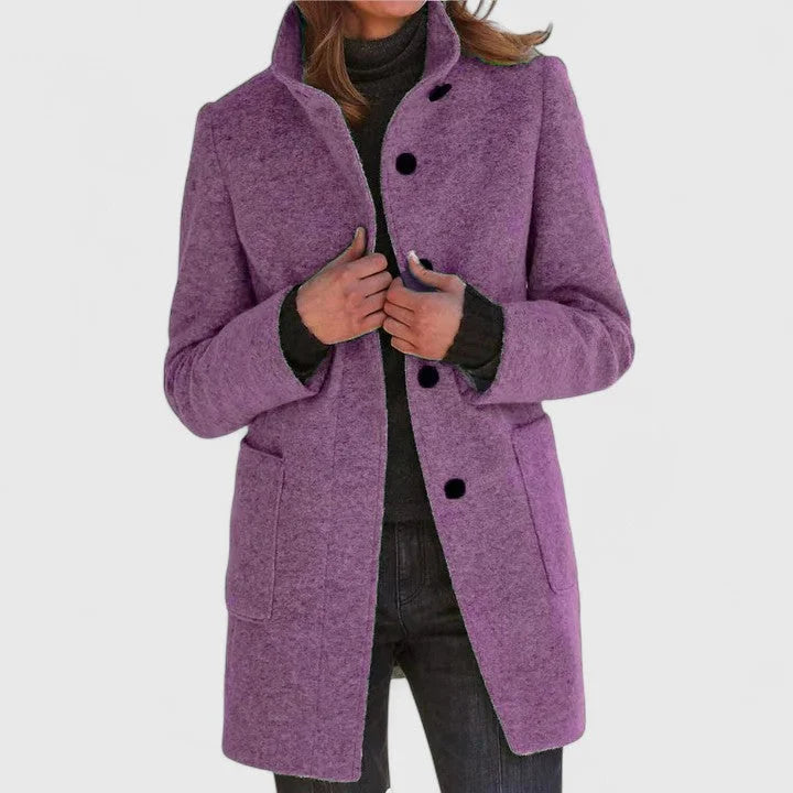 Women's Button-Front Stand Collar Wool Coat – Patch Pockets
