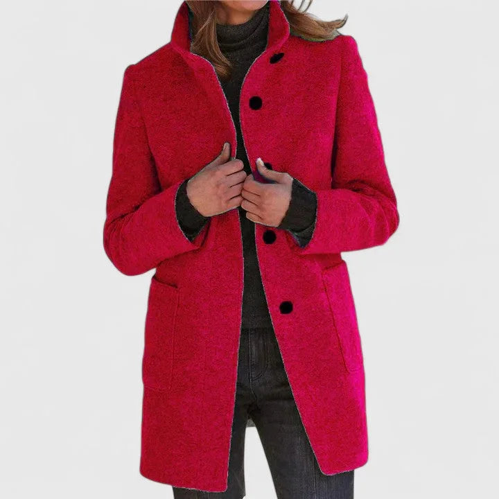 Women's Button-Front Stand Collar Wool Coat – Patch Pockets