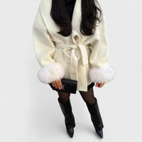 Women's Wool Wrap Shawl Collar Jacket – Faux Fur Cuffs
