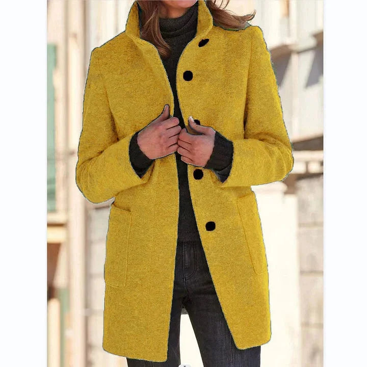 Women's Button-Front Stand Collar Wool Coat – Patch Pockets