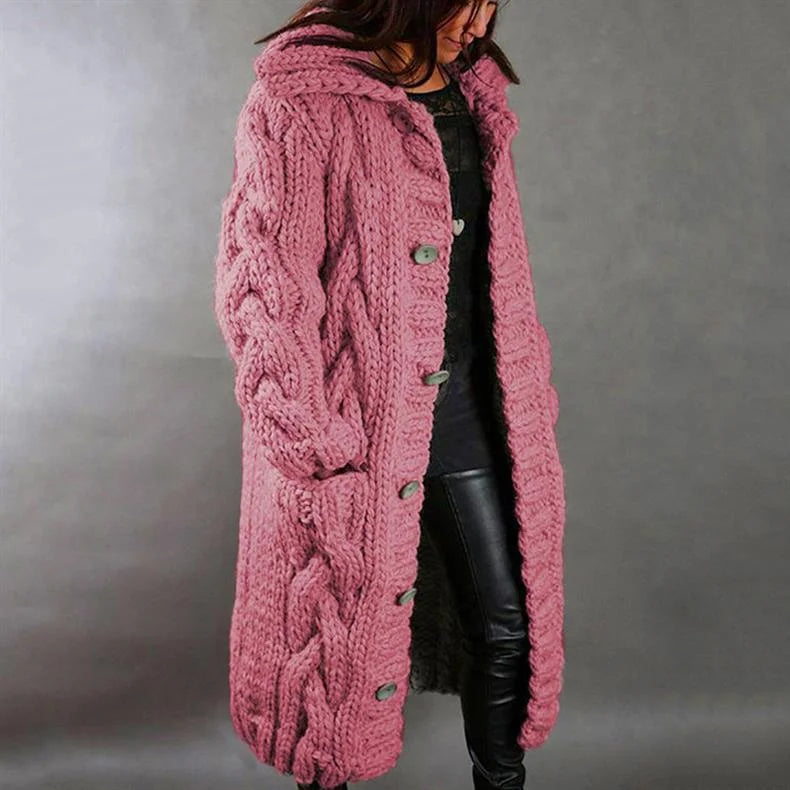 Women's Oversized Hooded Cable-Knit Longline Cardigan