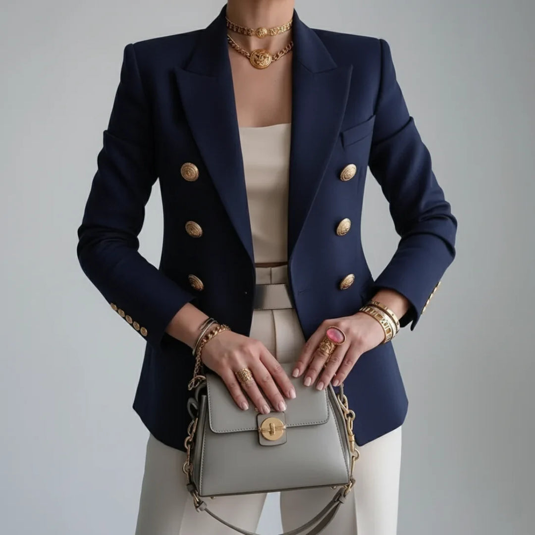 Women's Double Breasted Blazer – Long Sleeve Notch Lapel Gold Button