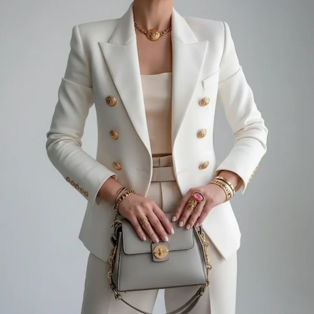 Women's Double Breasted Blazer – Long Sleeve Notch Lapel Gold Button