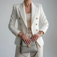 Women's Double Breasted Blazer – Long Sleeve Notch Lapel Gold Button