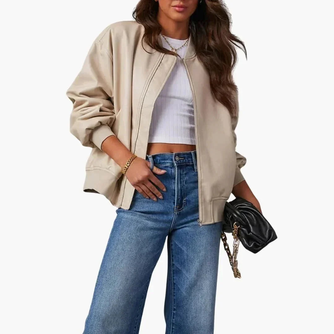 Women's Oversized Faux Leather Bomber Jacket Zip Front