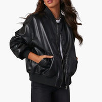 Women's Oversized Faux Leather Bomber Jacket Zip Front