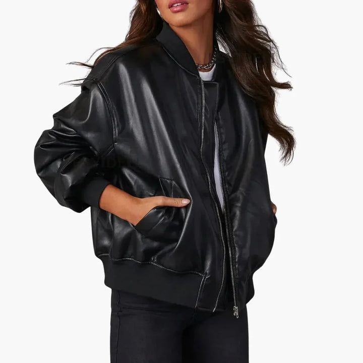 Women's Oversized Faux Leather Bomber Jacket Zip Front