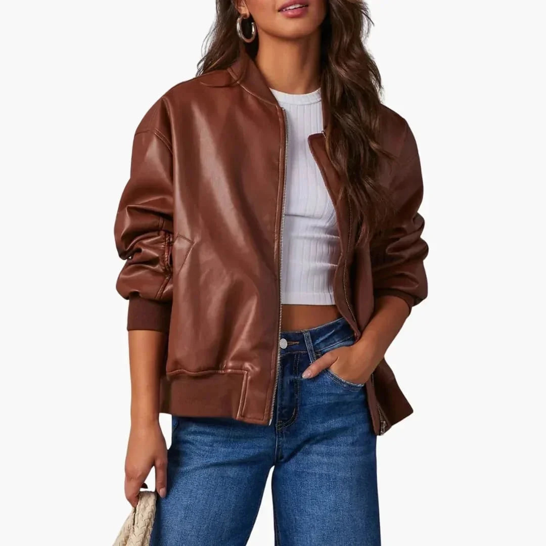 Women's Oversized Faux Leather Bomber Jacket Zip Front