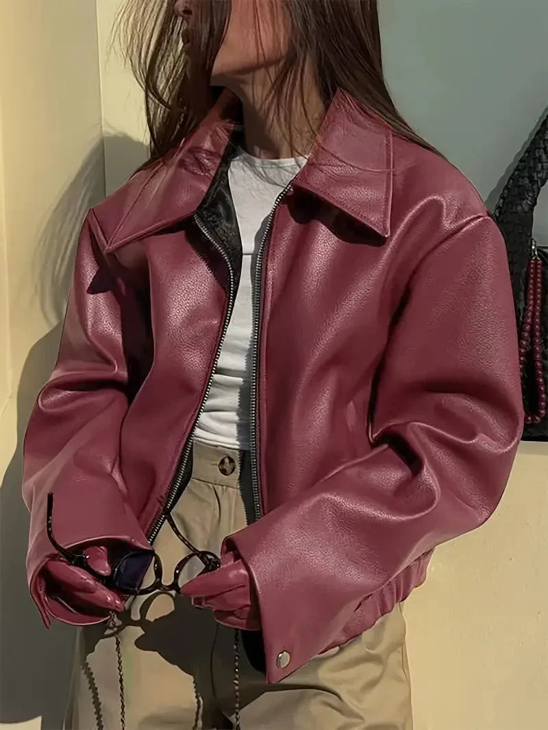 Women's Oversized Cropped Faux Leather Bomber Jacket – Zip Collar