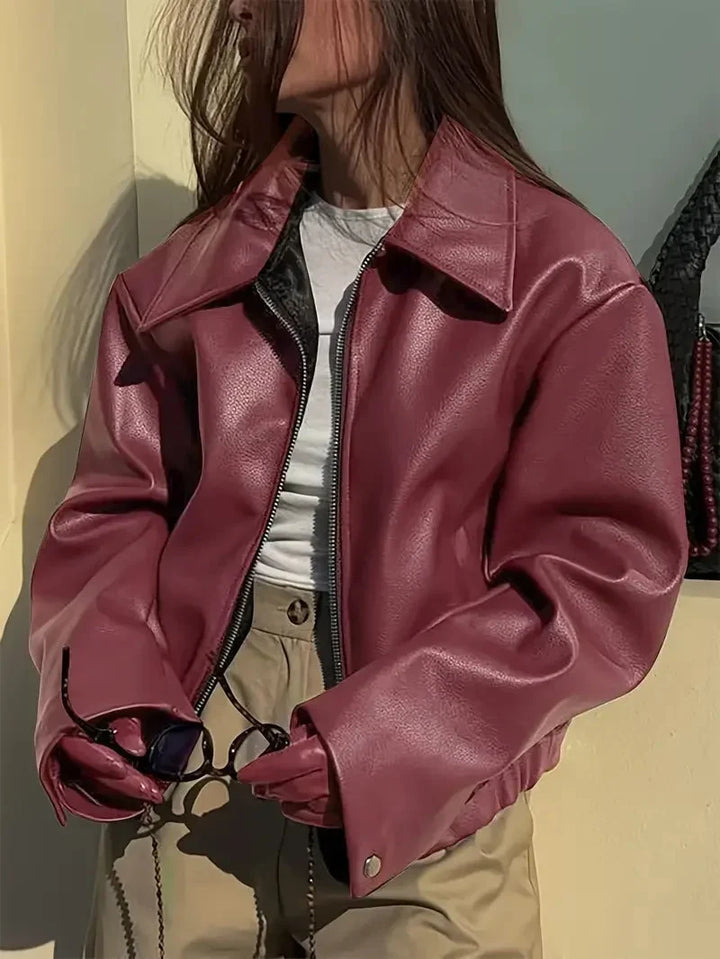 Women's Oversized Cropped Faux Leather Bomber Jacket – Zip Collar