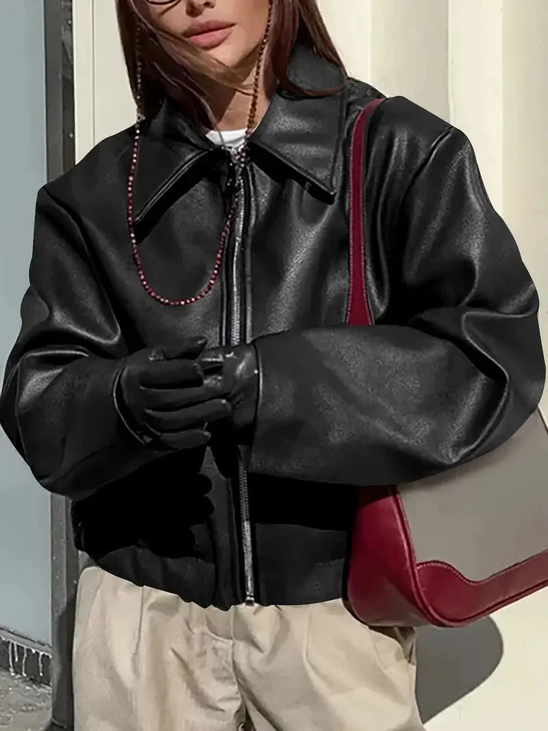 Women's Oversized Cropped Faux Leather Bomber Jacket – Zip Collar
