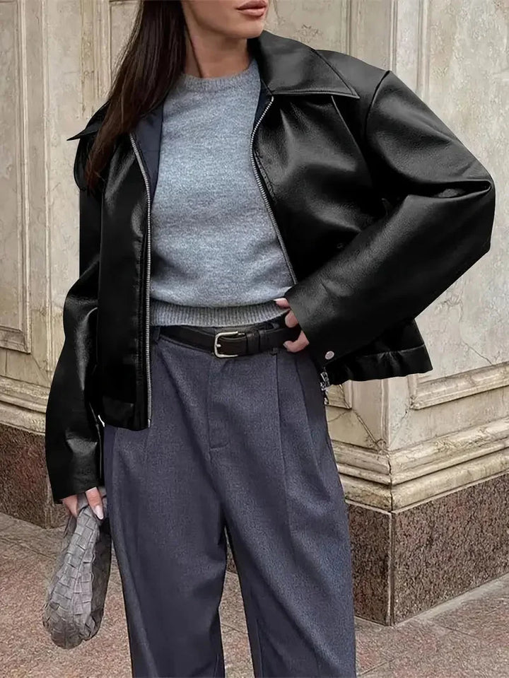 Women's Oversized Cropped Faux Leather Bomber Jacket – Zip Collar