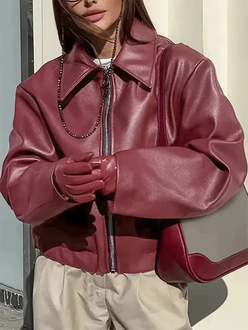Women's Oversized Cropped Faux Leather Bomber Jacket – Zip Collar