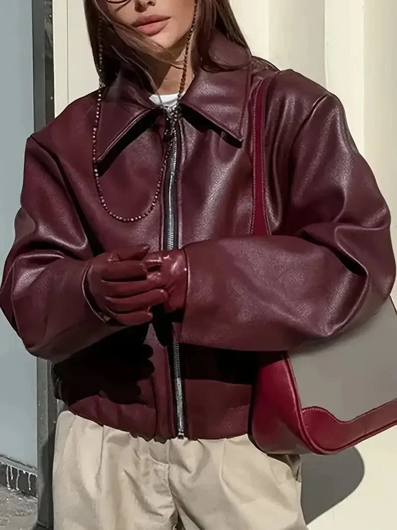 Women's Oversized Cropped Faux Leather Bomber Jacket – Zip Collar