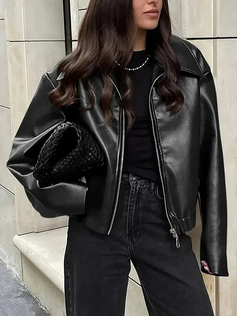 Women's Oversized Cropped Faux Leather Bomber Jacket – Zip Collar