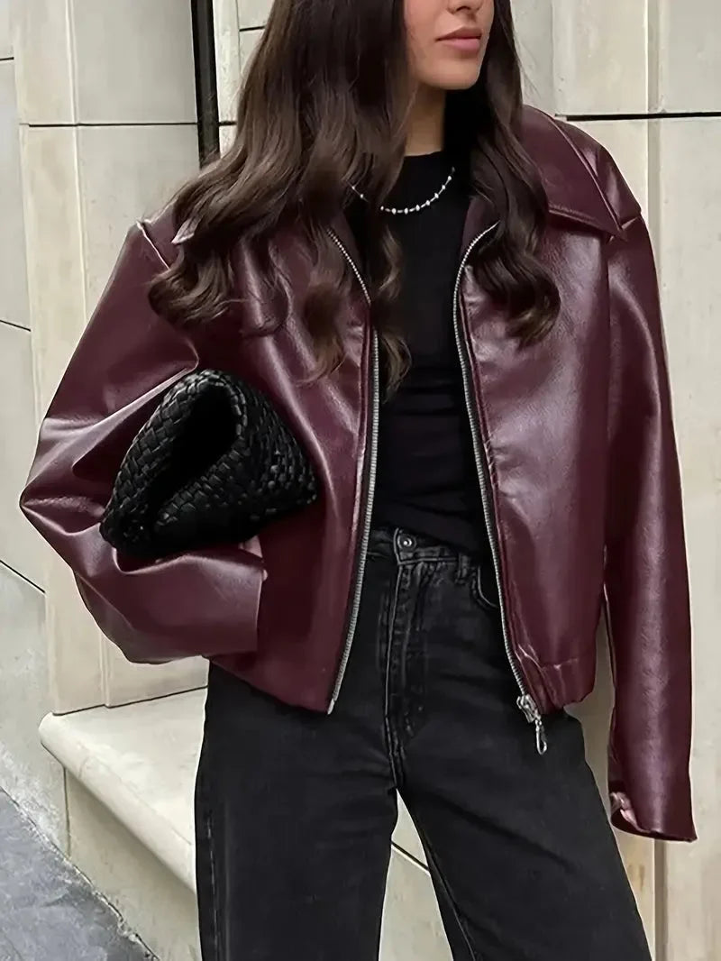 Women's Oversized Cropped Faux Leather Bomber Jacket – Zip Collar