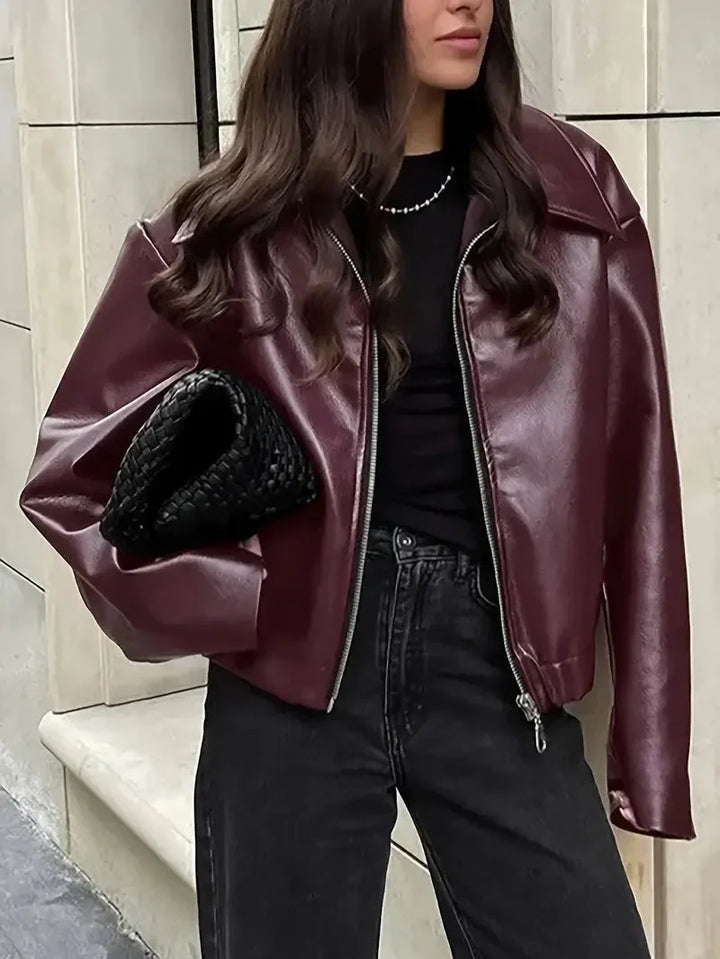 Women's Oversized Cropped Faux Leather Bomber Jacket – Zip Collar