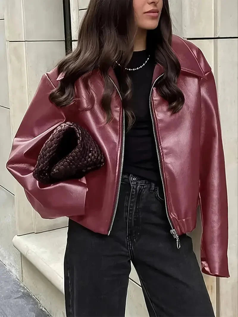 Women's Oversized Cropped Faux Leather Bomber Jacket – Zip Collar