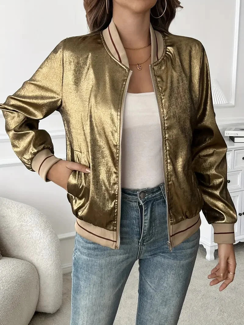 Women's Zip Front Metallic Ribbed Relaxed Bomber Jacket