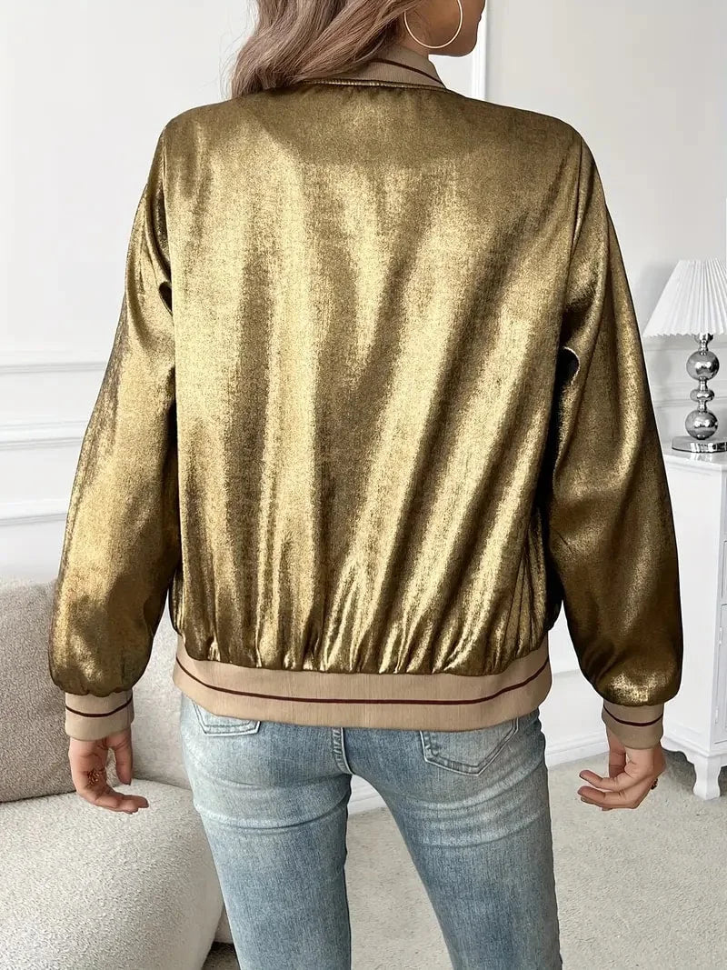 Women's Zip Front Metallic Ribbed Relaxed Bomber Jacket