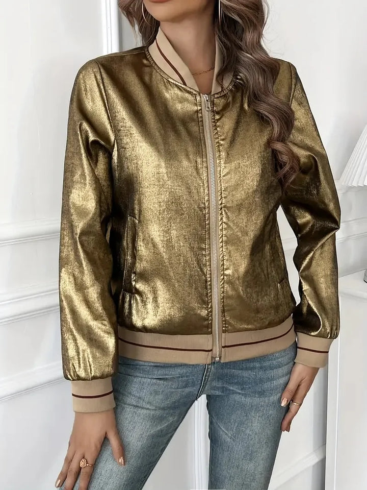 Women's Zip Front Metallic Ribbed Relaxed Bomber Jacket