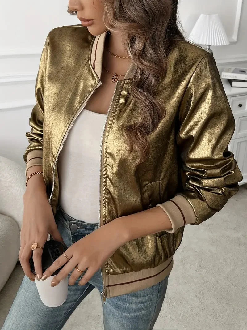 Women's Zip Front Metallic Ribbed Relaxed Bomber Jacket