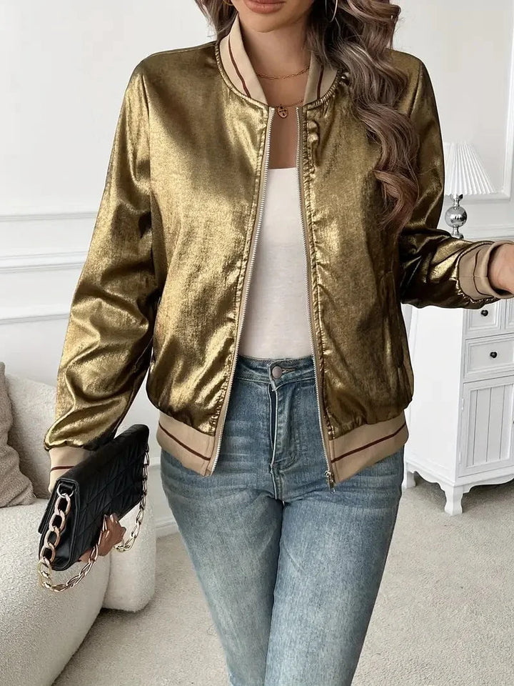 Women's Zip Front Metallic Ribbed Relaxed Bomber Jacket