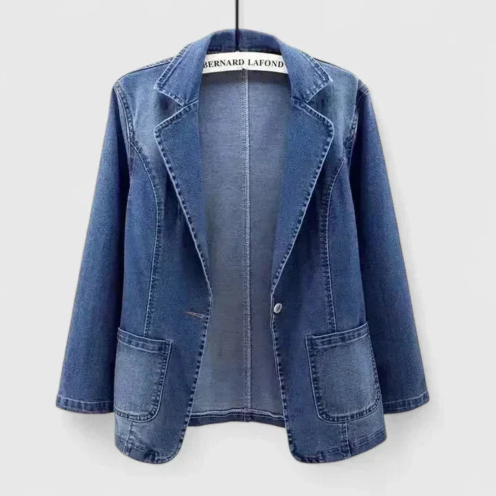 Women's Denim Button-Front Notch Lapel Blazer – Patch Pockets