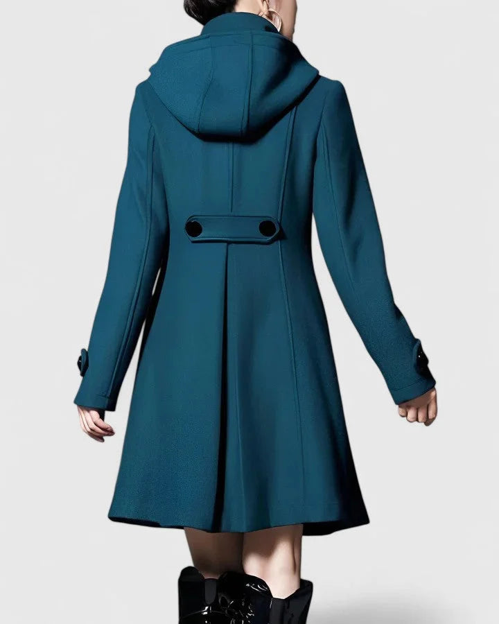 Women's Double-Breasted Hood Wool Coat – Pleated Skirt