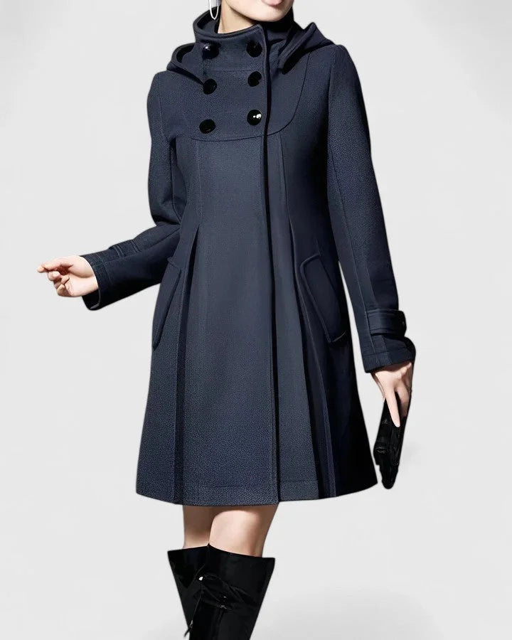 Women's Double-Breasted Hood Wool Coat – Pleated Skirt