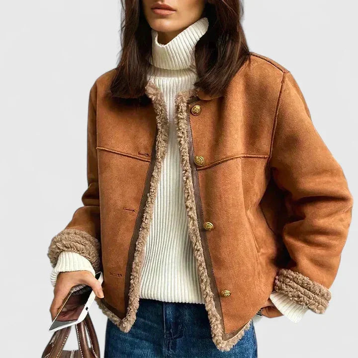 Women's Suede Button-Front Jacket – Faux Shearling Trim