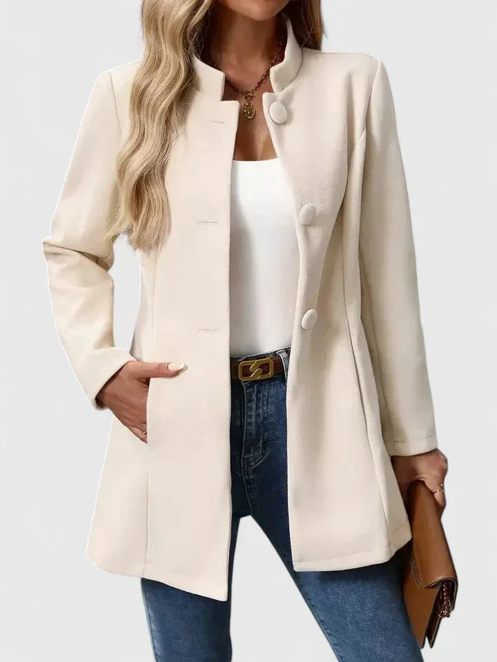 Women's Button-Front Stand Collar Wool Coat – Side Seam Pockets