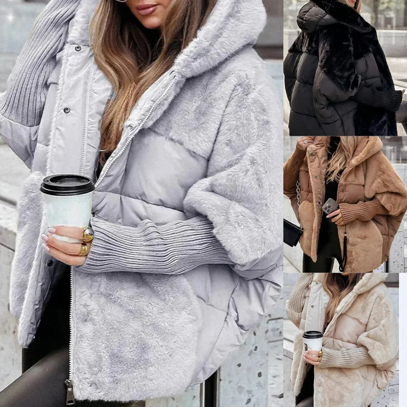 Women's Quilted Zip-Up Hood Puffer Jacket – Faux Fur Panels