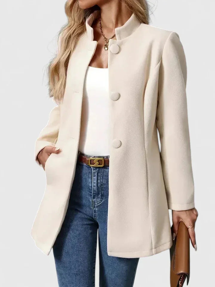 Women's Button-Front Stand Collar Wool Coat – Side Seam Pockets