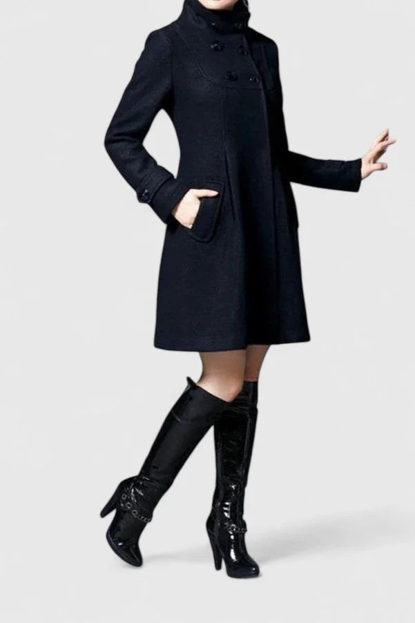 Women's Double-Breasted Hood Wool Coat – Pleated Skirt
