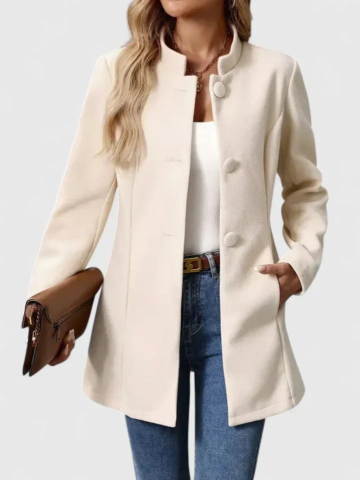 Women's Button-Front Stand Collar Wool Coat – Side Seam Pockets