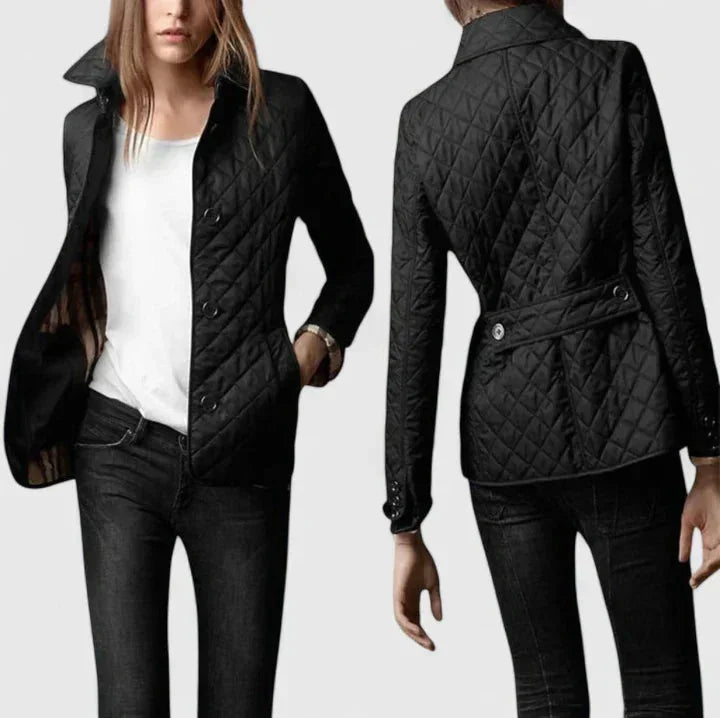Women's Button-Front Collared Quilted Jacket – Plaid Lining