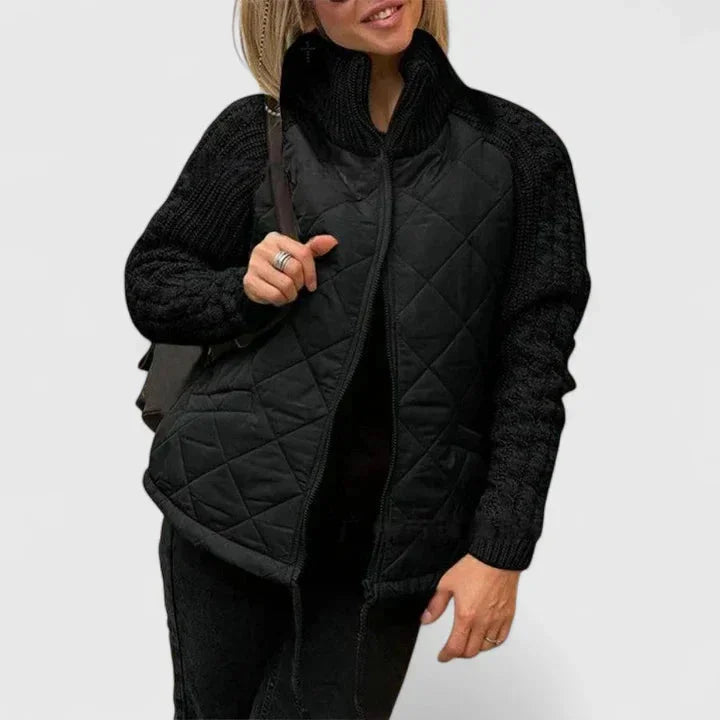 Women's Zip-Up Stand Collar Quilted Jacket – Knit Sleeves
