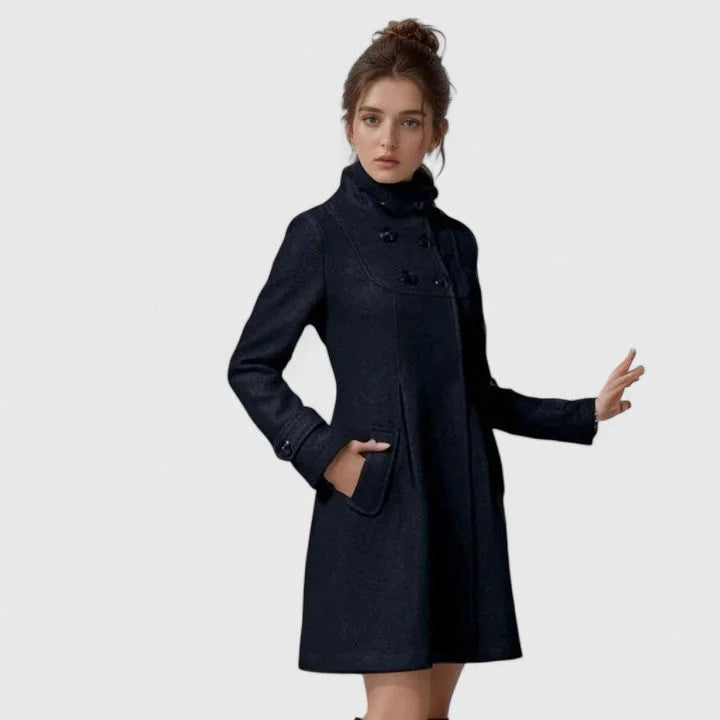 Women's Double-Breasted Hood Wool Coat – Pleated Skirt
