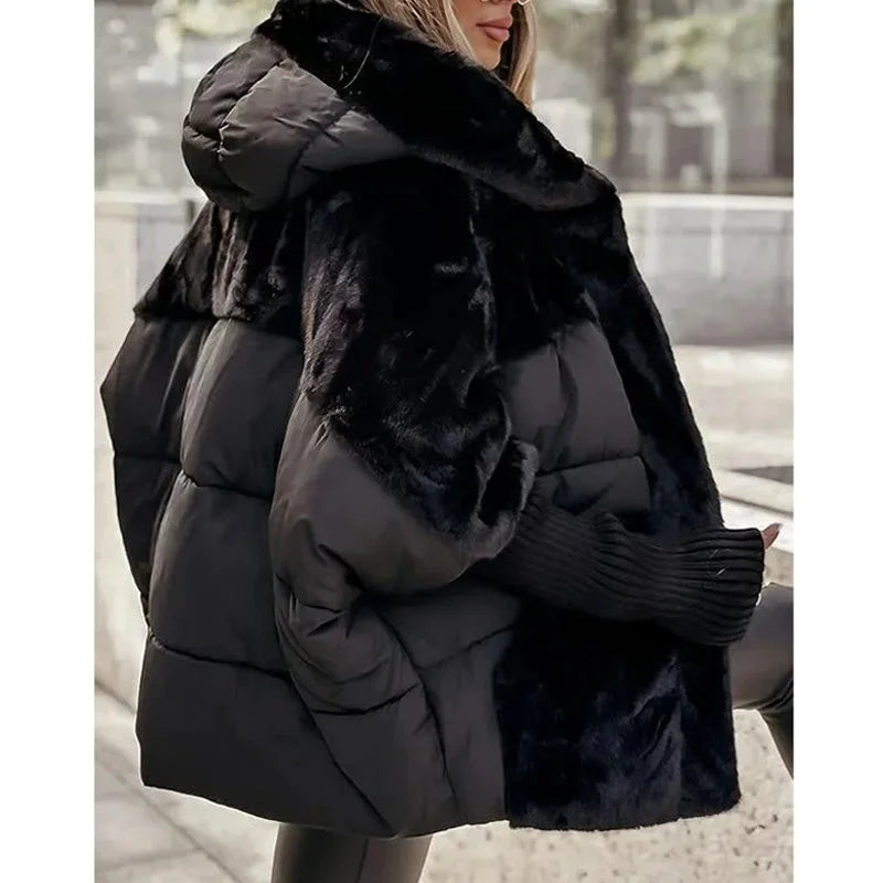 Women's Quilted Zip-Up Hood Puffer Jacket – Faux Fur Panels