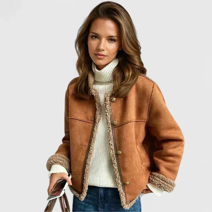 Women's Suede Button-Front Jacket – Faux Shearling Trim