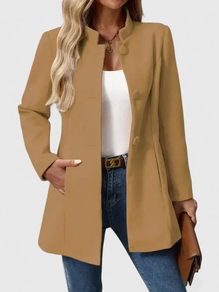Women's Button-Front Stand Collar Wool Coat – Side Seam Pockets