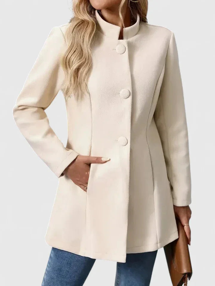 Women's Button-Front Stand Collar Wool Coat – Side Seam Pockets
