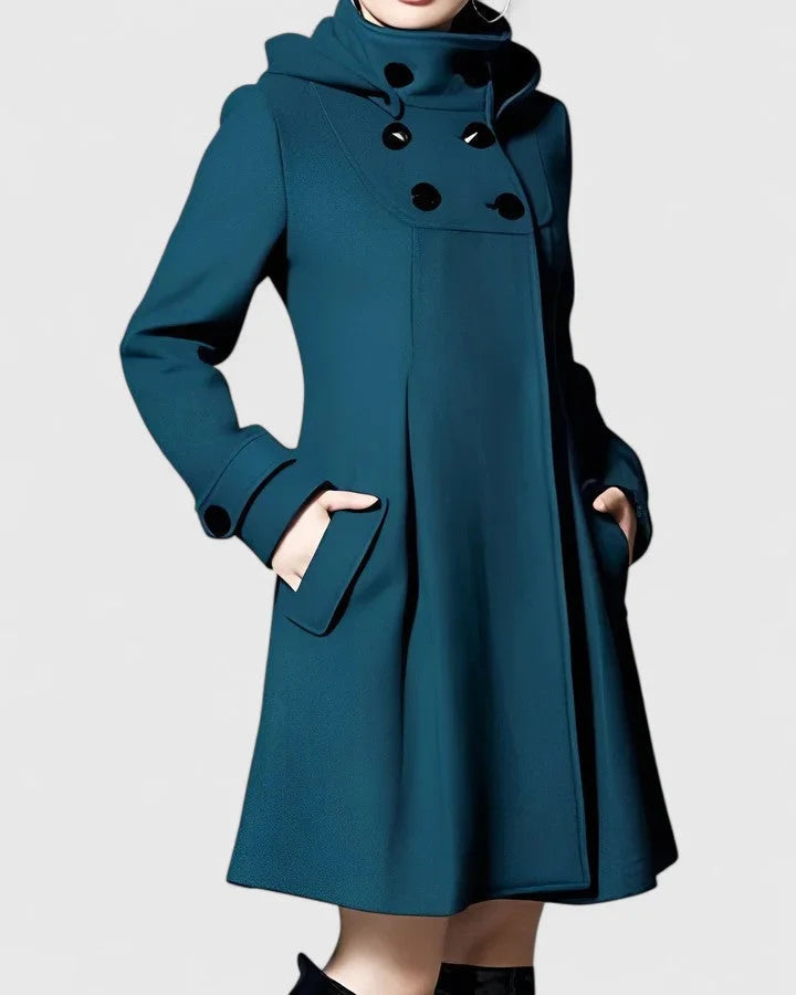 Women's Double-Breasted Hood Wool Coat – Pleated Skirt