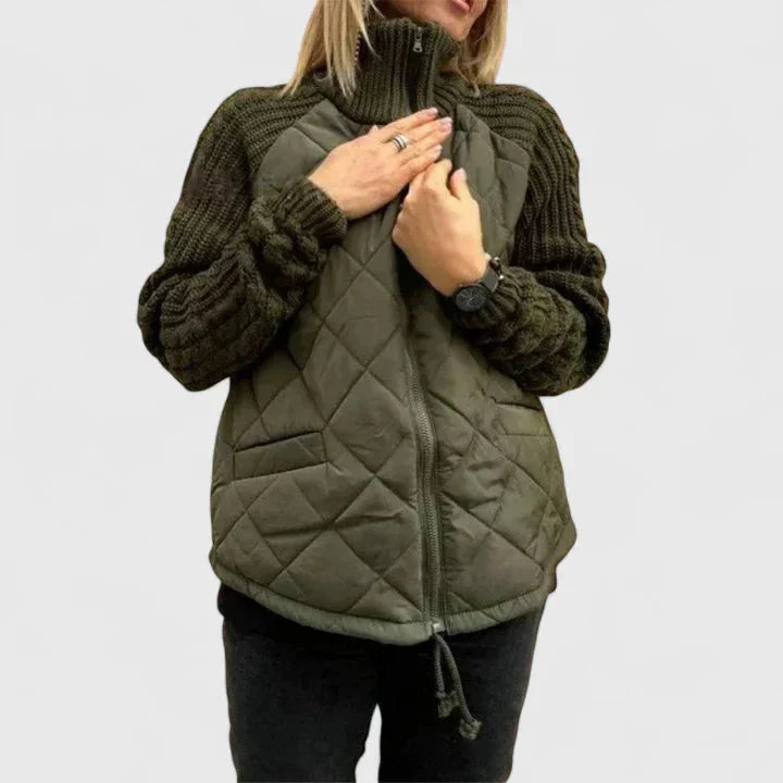 Women's Zip-Up Stand Collar Quilted Jacket – Knit Sleeves