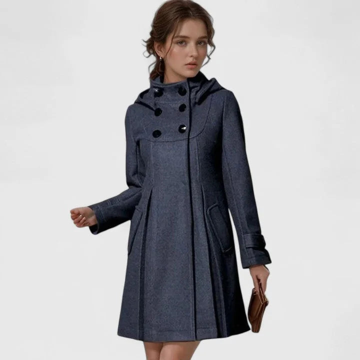 Women's Double-Breasted Hood Wool Coat – Pleated Skirt