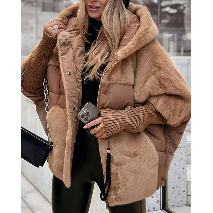 Women's Quilted Zip-Up Hood Puffer Jacket – Faux Fur Panels