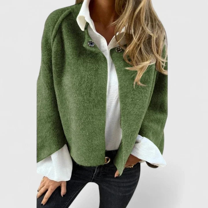 Women's Wool Button-Front Stand Collar Jacket – Wide Cuffs