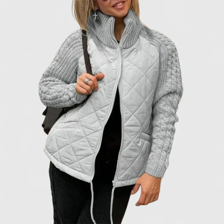 Women's Zip-Up Stand Collar Quilted Jacket – Knit Sleeves