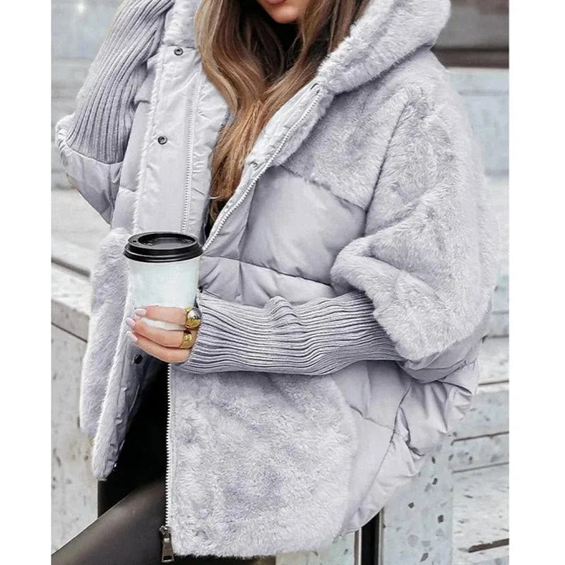 Women's Quilted Zip-Up Hood Puffer Jacket – Faux Fur Panels